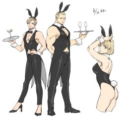 Rule 34 | 1girl, 2boys, animal ears, ashley graham, ass, black leotard, blonde hair, bow, bowtie, breasts, closed mouth, fake animal ears, fake tail, high heels, jack krauser, leon s. kennedy, leotard, looking at viewer, multiple boys, open mouth, playboy bunny, resident evil, resident evil: the darkside chronicles, resident evil 4, short hair, simple background, smile, strapless, strapless leotard, tail, tatsumi (psmhbpiuczn), white background, wrist cuffs