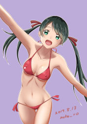 Rule 34 | 1girl, artist name, bikini, black hair, breasts, collarbone, commentary request, covered erect nipples, dated, gradient background, green eyes, kantai collection, long hair, looking at viewer, lowleg, lowleg bikini, mikuma (kancolle), moke ro, navel, outstretched arms, purple background, red bikini, side-tie bikini bottom, small breasts, solo, swimsuit, twintails, upper body