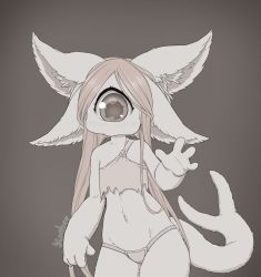 Rule 34 | 1girl, bikini, blush, brown theme, cyclops, extra ears, fewer digits, flat chest, forked tail, furry, furry female, hand up, highres, kionant, long hair, looking at viewer, monochrome, one-eyed, original, solo, swimsuit, tail, waving
