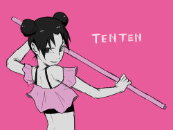 Rule 34 | 1girl, bad id, bad pixiv id, bare shoulders, black eyes, black hair, character name, double bun, frilled shirt collar, frills, grin, hair bun, highres, holding, holding staff, looking at viewer, naruto, naruto (series), open clothes, open mouth, pink background, pink shirt, pinoko (pnk623), shirt, short hair, short sleeves, simple background, smile, solo, staff, teeth, tenten (naruto)