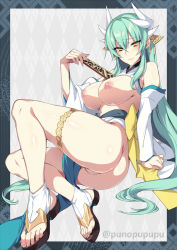 Rule 34 | 1girl, aqua hair, aqua kimono, ass, breasts, breasts out, censored, dragon girl, dragon horns, fate/grand order, fate (series), feet, gold trim, hand fan, heart, highres, horns, japanese clothes, kimono, kiyohime (fate), large breasts, looking at viewer, mosaic censoring, multiple horns, nipples, no panties, aged up, pussy, puuzaki puuna, smile, solo, thighhighs, toes, white thighhighs, wide sleeves, yellow eyes