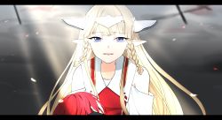 Rule 34 | 1boy, 1girl, blonde hair, blue eyes, braid, crying, crying with eyes open, elf, ezel the king of fire and iron, falia the queen of the mountains, fuguve, grey background, headpiece, highres, letterboxed, long hair, looking at viewer, outdoors, pixiv fantasia, pixiv fantasia last saga, pointy ears, red hair, sunlight, tears, upper body