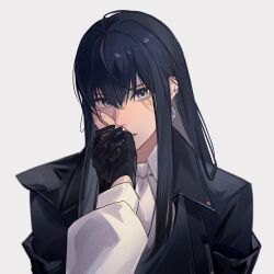 Rule 34 | 2girls, black coat, black gloves, black hair, chinese commentary, coat, collared shirt, commentary request, earrings, female pov, gloves, grey background, grey eyes, highres, jewelry, kiss, kissing hand, long hair, looking at viewer, miix777, multiple girls, necktie, path to nowhere, pov, rahu (path to nowhere), scar, scar across eye, shalom (path to nowhere), shirt, simple background, upper body, white necktie, white shirt, yuri
