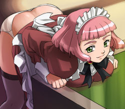 Rule 34 | 00s, 1girl, ass, bent over, blush, bow, breast press, breasts, brooch, butt crack, clothes lift, downpants, dress, dress lift, green eyes, haruyama kazunori, himeno fumi, jewelry, large breasts, maid, maid headdress, my-hime, panties, pink hair, purple thighhighs, short hair, smile, solo, table, thighhighs, underwear, white panties