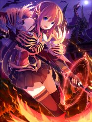 Rule 34 | 1girl, angry, animal, armor, brown hair, dragon, dress, fighting, fire, long hair, looking at viewer, magic, lava, moon, night, open mouth, original, purple eyes, riki (archf), royal ruby slayer, saliva, thighhighs, weapon