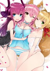 Rule 34 | 10s, 3girls, :3, ;), ahoge, animal ears, babydoll, bad id, bad twitter id, bare shoulders, black panties, blonde hair, blue eyes, blush, blush stickers, braid, breast press, breasts, camisole, choker, claws, cleavage, commentary request, dated, elizabeth bathory (brave) (fate), elizabeth bathory (fate), elizabeth bathory (fate/extra ccc), eyebrows, fate/extra, fate/extra ccc, fate (series), fox ears, fox tail, green eyes, hair ribbon, highres, horns, hug, kou mashiro, large breasts, long hair, looking at viewer, multiple girls, nero claudius (fate), nero claudius (fate) (all), nero claudius (fate/extra), one eye closed, open mouth, panties, pink hair, pointy ears, ribbon, signature, smile, strap slip, striped clothes, striped panties, tail, tamamo (fate), tamamo no mae (fate/extra), two side up, underwear, white panties, yellow eyes