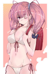 Rule 34 | 1girl, anchor hair ornament, artist name, atlanta (kancolle), backpack, bag, bikini, breasts, brown hair, commentary request, cowboy shot, earrings, grey eyes, hair ornament, jewelry, kantai collection, large breasts, long hair, looking at viewer, randoseru, solo, star (symbol), star earrings, striped bikini, striped clothes, swimsuit, two side up, white bikini, yumesato makura