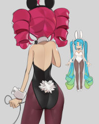 Rule 34 | 2girls, animal ears, ass, black leotard, breasts, clenched hand, detached collar, drill hair, eyebrows hidden by hair, fake animal ears, from behind, gradient hair, green skirt, hatsune miku, highres, kasane teto, leotard, medium breasts, multicolored hair, multiple girls, onionsketch, open hands, pantyhose, playboy bunny, rabbit tail, skirt, smile, tail, twin drills, twintails, utau, vocaloid, white footwear, white leotard, wrist cuffs