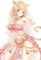Rule 34 | 1girl, :q, animal ears, armpits, bare shoulders, blonde hair, blue eyes, blush, bracelet, breasts, cat ears, cat tail, cleft of venus, covered erect nipples, dancer, facial mark, final fantasy, final fantasy xiv, hand up, highres, jewelry, kokuto (kurousagi1210), large breasts, leg up, long hair, looking at viewer, midriff, miqo&#039;te, navel, necklace, nipples, pelvic curtain, pussy, see-through, shiny skin, slit pupils, smile, solo, tail, thighs, tongue, tongue out, warrior of light (ff14)