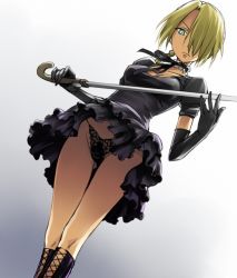 Rule 34 | 1girl, beelzebub (manga), black panties, blonde hair, concealed weapon, demon, elbow gloves, from below, gloves, goth fashion, gothic lolita, gradient background, groin, hair over one eye, hilda (beelzebub), holding, holding sword, holding weapon, lace, legs together, lingerie, lolita fashion, mosha, panties, pantyshot, solo, sword, sword cane, thong, underwear, upskirt, weapon, white background
