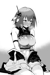 Rule 34 | 1girl, :o, arknights, arm strap, bare shoulders, blush, breasts, collared shirt, condom, condom belt, crop top, cum, cum on clothes, facial, greyscale, greythroat (arknights), hair ornament, heavy breathing, highres, jacket, large breasts, looking away, medium hair, midriff, monochrome, multiple condoms, navel, nose blush, off shoulder, open clothes, open jacket, open mouth, retri, shirt, sitting, sleeveless, sleeveless shirt, solo, stomach, sweat, used condom