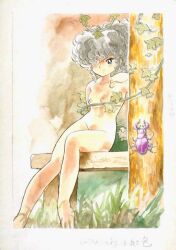 Rule 34 | 1980s (style), 1girl, azuma hideo, breasts, completely nude, curly hair, grey hair, hair over one eye, leaf, long hair, medium breasts, nipples, non-web source, nude, oldschool, original, painting (medium), plant, ponytail, retro artstyle, sitting, solo, stag beetle, traditional media, vines, watercolor (medium)