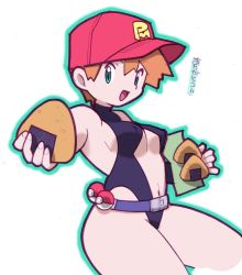 Rule 34 | 1girl, asymmetrical hair, bare legs, belt, bowl, bravefarm2, breasts, cowboy shot, creatures (company), game freak, gloves, green eyes, gym leader, highres, legs, legs together, medium breasts, misty (pokemon), nintendo, nipples, orange hair, poke ball, pokemon, pokemon: the electric tale of pikachu, ponytail, red hair, rice bowl, short hair, side ponytail, simple background, smile, solo, swimsuit, thick thighs, thighs, wet, white background