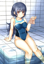 Rule 34 | 1girl, adapted costume, adworse, alternate costume, blue hair, blush, breasts, closed mouth, collarbone, commentary request, competition swimsuit, covered navel, eating, food, iizunamaru megumu, large breasts, long hair, looking at viewer, no headwear, one-piece swimsuit, onigiri, partially submerged, ponytail, red eyes, sitting, soaking feet, swimsuit, touhou, very long hair, water
