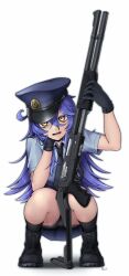 Rule 34 | 1girl, absurdres, arm up, bike shorts, black footwear, black gloves, black shorts, black socks, blue hair, blue hat, blue shirt, blue sky, boots, collared shirt, commentary request, cross-laced footwear, full body, gloves, gun, hair between eyes, hat, highres, holding, holding gun, holding weapon, lace-up boots, long hair, looking at viewer, open mouth, original, paravene, peaked cap, pleated skirt, police, police hat, police uniform, policewoman, shadow, shirt, short shorts, short sleeves, shorts, shorts under skirt, shotgun, simple background, skirt, sky, socks, solo, squatting, uniform, very long hair, weapon, weapon request, white background, yellow eyes