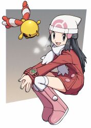 Rule 34 | 1girl, :d, beanie, blue eyes, blue hair, boots, chingling, creatures (company), dawn (pokemon), full body, game freak, gen 4 pokemon, hat, highres, kneehighs, long hair, long sleeves, looking at viewer, nintendo, open mouth, own hands together, pink footwear, poke ball print, pokemon, pokemon (creature), pokemon dppt, pokemon platinum, poketch, scarf, smile, socks, watch, white headwear, white scarf, winter clothes, wristwatch, yoshi (moco1)