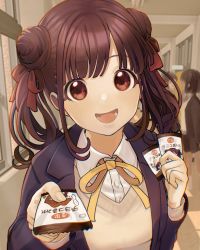 Rule 34 | absurdres, black jacket, blazer, blurry, blurry background, brown eyes, brown hair, commentary request, double bun, giving, hair bun, hair ribbon, hallway, highres, idolmaster, idolmaster shiny colors, incoming food, jacket, looking at viewer, medium hair, miniskirt, neck ribbon, open mouth, ribbon, school uniform, shirt, skirt, snack, solo focus, sonoda chiyoko, sweater, tanupon, upper body, white shirt, yellow ribbon