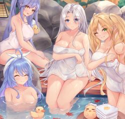 Rule 34 | 4girls, arm under breasts, autumn leaves, azur lane, bathing, blonde hair, blue eyes, blue hair, bow hairband, breasts, cleavage, closed eyes, closed mouth, commentary, english commentary, essex (azur lane), facing viewer, green eyes, grin, hairband, helena (azur lane), highres, hornet (azur lane), kyl490, large breasts, leaf, long hair, looking at viewer, manjuu (azur lane), maple leaf, multiple girls, naked towel, nude, one eye closed, onsen, parted bangs, partially submerged, ponytail, purple hair, rock, rubber duck, sitting, smile, soaking feet, thighs, towel, twintails, water, wet, white hair, white hairband, white towel, yorktown (azur lane)