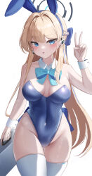 Rule 34 | 1girl, absurdres, animal ears, aqua bow, aqua bowtie, bare shoulders, blonde hair, blue archive, blue bow, blue eyes, blue hair, blue leotard, blush, bow, bowtie, braid, breasts, covered navel, cowboy shot, crown braid, detached collar, earpiece, fake animal ears, hair bow, halo, highleg, highleg leotard, highres, holding case, leotard, li se, long hair, looking at viewer, medium breasts, multicolored hair, official alternate costume, parted lips, playboy bunny, rabbit ears, simple background, solo, strapless, strapless leotard, streaked hair, thighhighs, toki (blue archive), toki (bunny) (blue archive), v, white thighhighs, white wrist cuffs, wrist cuffs
