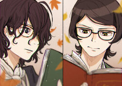Rule 34 | 2boys, autumn leaves, black-framed eyewear, black hair, blue eyes, blurry, blurry foreground, book, brown hair, bungou stray dogs, closed mouth, commentary request, edgar allan poe (bungou stray dogs), falling leaves, glasses, green jacket, hair over one eye, highres, holding, holding book, jacket, leaf, looking down, male focus, maple leaf, multiple boys, mushitarou oguri (bungou stray dogs), neckerchief, norimizu, open book, parted lips, reading, shirt, short hair, split screen, swept bangs, upper body, white neckerchief, white shirt, yellow eyes
