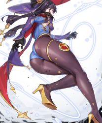 Rule 34 | 1girl, ass, black pantyhose, blue eyes, blush, breasts, cape, from behind, fur-trimmed cape, fur trim, genshin impact, gloves, hair ornament, hat, highres, leotard, long hair, long sleeves, magic, medium breasts, mona (genshin impact), pantyhose, pepperdevil, purple hair, ribbon, running, solo, thighlet, twintails, witch hat