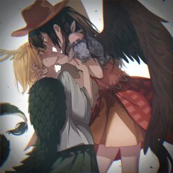Rule 34 | 2girls, antlers, bandana, blonde hair, blue shirt, blush, bow, brown hair, brown headwear, brown wings, cowboy hat, dragon girl, dragon tail, eye contact, feathered wings, green bow, hand on another&#039;s arm, hand on another&#039;s chin, hand on another&#039;s neck, hat, highres, horns, horse tail, inuko (ink0425), kicchou yachie, kurokoma saki, long hair, long sleeves, looking at another, multiple girls, off-shoulder shirt, off shoulder, pegasus wings, plaid, plaid skirt, ponytail, red eyes, shirt, short hair, short sleeves, skirt, standing, sweatdrop, tail, touhou, turtle shell, white background, white bandana, wings, yellow horns, yellow skirt, yuri