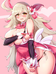 Rule 34 | 1girl, ahoge, bikini, bikini under clothes, black bikini, blonde hair, blush, breasts, covered navel, covering privates, covering breasts, detached sleeves, dress, dress tug, faucre the evil overlord, hair ornament, hair ribbon, heart, heart hair ornament, highres, large breasts, last origin, long hair, looking at viewer, micro bikini, name tag, open mouth, pink background, pink dress, ribbon, side-tie bikini bottom, solo, swimsuit, ushimittsu, yellow eyes