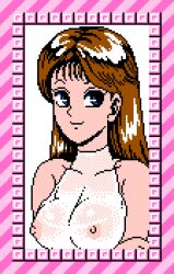 Rule 34 | 1girl, blue eyes, breasts, brown hair, collarbone, crossed arms, large breasts, long hair, looking at viewer, nipples, pixel art, project q, saiwai hiroshi, see-through, see-through shirt, shirt, sleeveless, sleeveless shirt, smile, standing, upper body, white background, white shirt