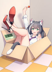 Rule 34 | 1girl, absurdres, animal ear fluff, animal ears, arm up, barcode, bare legs, black footwear, black hair, blush, box, candy, cardboard box, cat ears, cat girl, cat tail, checkered floor, collared shirt, commentary request, fang, food, full body, green eyes, high heels, highres, holding, holding food, in box, in container, indoors, karyl (princess connect!), kneepits, lollipop, long sleeves, lying, multicolored hair, necktie, on back, open mouth, princess connect!, shirt, shoe soles, signature, solo, streaked hair, tail, weibo watermark, white hair, white shirt, wing collar, xiaoxi0619