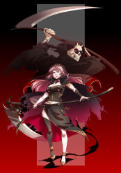 Rule 34 | 1girl, absurdres, angry, black background, black dress, breasts, dress, full body, gradient background, heels, highres, holding, holding weapon, hololive, hololive english, horns, large breasts, long hair, mori calliope, pink hair, red background, red eyes, ryuuen, scythe, serious, single thighhigh, skull, sunglasses, thighhighs, two-tone background, virtual youtuber, weapon
