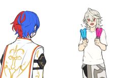 Rule 34 | alear (fire emblem), alear (male) (fire emblem), alternate costume, blue hair, corrin (fire emblem), corrin (male) (fire emblem), fire emblem, fire emblem engage, fire emblem fates, food, highres, holding, holding food, holding popsicle, multiple boys, nintendo, open mouth, pointy ears, popsicle, red eyes, red hair, shirt, upper body, white shirt, zuzu (ywpd8853)