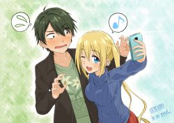 Rule 34 | ..., 1boy, 1girl, ;d, akizuki kouyou, blend s, blush, breasts, casual, couple, david dai, eyes visible through hair, green hair, hinata kaho, long sleeves, medium breasts, musical note, one eye closed, open mouth, phone, selfie, skirt, smile, sweater, taking picture, text focus, thought bubble, turtleneck, turtleneck sweater, twintails