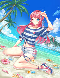 Rule 34 | 1girl, :d, arm up, bare legs, beach, bikini, bikini under clothes, blue eyes, blue shirt, closers, collarbone, day, feet, frilled shorts, frills, front-tie top, hair ornament, hair ribbon, halterneck, highres, legs, long hair, looking at viewer, midriff, nail polish, navel, off shoulder, official art, open fly, open mouth, outdoors, pink hair, ribbon, sandals, seulbi lee, shirt, short shorts, short sleeves, shorts, sitting, smile, solo, stomach, striped clothes, striped shirt, swimsuit, thigh strap, toenail polish, toenails, toes, water, wet, white shorts, x hair ornament