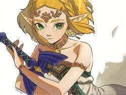 Rule 34 | 1girl, armlet, bare shoulders, blonde hair, bracelet, braid, collarbone, commentary request, crown braid, dress, earrings, facial mark, falling petals, gold trim, green eyes, highres, holding, holding sword, holding weapon, jewelry, looking at viewer, master sword, mimimimiguchan, nintendo, parted bangs, pendant choker, petals, pointy ears, princess zelda, short hair, sidelocks, solo, strapless, strapless dress, sword, the legend of zelda, the legend of zelda: tears of the kingdom, thick eyebrows, tiara, upper body, weapon, white background, white dress