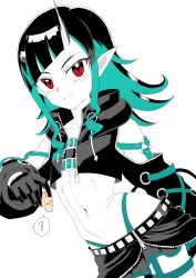 Rule 34 | 1girl, nanashi inc., belt, belt bra, black gloves, black hair, black jacket, black skirt, blue belt, blue hair, blue panties, blush, buren, chest belt, chiikawa, chiikawa (character), closed mouth, clothing cutout, colored skin, commentary request, cowboy shot, cropped jacket, demon girl, demon horns, demon tail, dutch angle, expressionless, fang, fang out, flat chest, garter straps, gloves, grey skirt, highleg, highleg panties, highres, horns, jacket, layered skirt, long hair, long sleeves, looking at viewer, midriff, multicolored hair, navel, open clothes, open jacket, panties, pointy ears, red eyes, shishio chris, shoulder cutout, simple background, skirt, sugar lyric, tail, two-tone hair, underwear, virtual youtuber, white background, white skin, zipper, zipper skirt