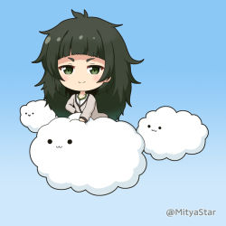 Rule 34 | 1girl, :3, blue background, blush, chibi, closed mouth, cloud, commentary request, green eyes, green hair, grey jacket, hiyajou maho, jacket, long hair, long sleeves, looking at viewer, mitya, shirt, smile, solid circle eyes, solo, steins;gate, twitter username, v-shaped eyebrows, very long hair, white shirt