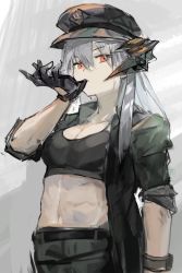 Rule 34 | 1girl, arknights, black gloves, black hat, black sports bra, commentary, dragon horns, english commentary, gloves, gnai, green jacket, green pants, grey background, grey hair, hand up, hat, highres, horns, jacket, long hair, looking at viewer, midriff, mouth hold, navel, official alternate costume, open clothes, open jacket, orange eyes, pants, saria (arknights), saria (the law) (arknights), sketch, sleeves rolled up, solo, sports bra, upper body