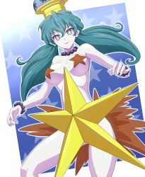 Rule 34 | 1girl, absurdres, artist request, bishoujo senshi sailor moon, blue eyes, blue skin, bracelet, breasts, bright pupils, colored skin, cowboy shot, green hair, highres, indoors, jewelry, large breasts, long hair, looking at viewer, low twintails, pasties, pointy ears, revealing clothes, shiny skin, smile, star-shaped pupils, star (symbol), star pasties, symbol-shaped pupils, thighs, twintails, uchoten (sailor moon)