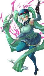 Rule 34 | 1girl, absurdly long hair, alternate costume, arm up, armpits, blue sailor collar, blue skirt, blush, boots, breasts, club (weapon), commission, eyewear on head, full body, goggles, green hair, green shirt, green thighhighs, grin, gun, hair between eyes, hatsune miku, highres, holding, holding gun, holding weapon, kawasuru (15miclon), large breasts, leg up, long hair, miniskirt, open mouth, orange eyes, pixiv commission, pleated skirt, pp-2000, raised eyebrows, red-tinted eyewear, sailor collar, shirt, sidelocks, simple background, skirt, sleeveless, sleeveless shirt, smile, solo, submachine gun, teeth, thigh boots, thighhighs, tinted eyewear, twintails, very long hair, vocaloid, weapon, white background