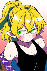 Rule 34 | 1girl, black tank top, blonde hair, blush, bollzzalguy, breasts, brown shirt, cleavage, closed mouth, collarbone, commentary request, frown, gradient background, green eyes, hair between eyes, half updo, highres, looking at viewer, medium bangs, medium breasts, medium hair, mizuhashi parsee, pink background, pointy ears, shirt, short ponytail, solo, tank top, touhou, upper body, white background