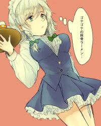 Rule 34 | 1girl, adapted costume, arm at side, blue skirt, blue vest, bow, braid, breasts, commentary request, cowboy shot, cup, drinking glass, dutch angle, frilled skirt, frills, hair bow, highres, holding, holding tray, holster, izayoi sakuya, knife, long sleeves, maid, maid headdress, pink background, rosette (roze-ko), silver hair, simple background, sketch, skirt, skirt set, solo, thigh holster, thighs, thinking, touhou, translated, tray, twin braids, vest