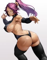 Rule 34 | 1girl, absurdres, ass, backless leotard, bleach, breasts, butt crack, dark-skinned female, dark skin, gradient background, highres, large breasts, leotard, looking at viewer, muscular, muscular female, ponytail, purple hair, shihouin yoruichi, sideboob, simple background, solo, thighhighs, thighs, yellow eyes, yoshio (55level)