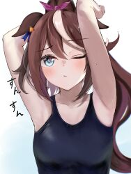 Rule 34 | 1girl, absurdres, alternate costume, animal ears, armpits, arms up, black tank top, blue eyes, blush, bow, breasts, brown hair, closed mouth, commentary request, ear ornament, ears down, hair between eyes, hair bow, highres, horse ears, horse girl, blue background, long hair, looking at viewer, multicolored hair, one eye closed, pink bow, ponytail, simple background, small breasts, solo, streaked hair, tank top, tokai teio (umamusume), translation request, umainu 2002, umamusume, upper body, white hair