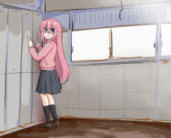 Rule 34 | 1girl, against wall, black socks, blue eyes, bocchi the rock!, commentary, corner, furrowed brow, gotoh hitori, indoors, jacket, loafers, long hair, looking at viewer, parody, pink hair, pink jacket, pleated skirt, scp-173, scp foundation, shaded face, shoes, skirt, socks, solo, standing, tenten (chan4545), track jacket, window