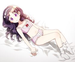 Rule 34 | 1girl, bed, bed sheet, blush, chloe ardenne, chloe no requiem, collarbone, frills, hairband, long hair, looking at viewer, lying, navel, on back, open mouth, poke nk, purple eyes, purple hair, sidelocks, solo, underwear, white background