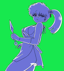 Rule 34 | 1girl, apron, ass, breasts, female focus, green background, highres, kunai, kunou kodachi, large breasts, looking at viewer, naked apron, no bra, ponytail, ranma 1/2, side ponytail, sideboob, simple background, solo, wanta (futoshi), weapon