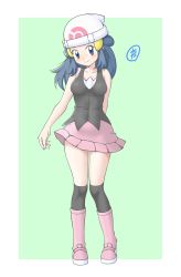 Rule 34 | 1girl, absurdres, arm behind back, beanie, black tank top, blue eyes, blue hair, blush, boots, closed mouth, collarbone, commentary request, creatures (company), dawn (pokemon), eyelashes, full body, game freak, hair ornament, hat, highres, long hair, nintendo, over-kneehighs, pink footwear, pink skirt, pokemon, pokemon (anime), pokemon dppt (anime), skirt, smile, socks, solo, tank top, tax2rin, thighhighs, two-tone background, white hat