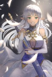 Rule 34 | 1girl, bare shoulders, breasts, bridal gauntlets, commentary request, dress, elf, green eyes, grey hair, holding, holding sword, holding weapon, janoukyo19, long hair, looking at viewer, medium breasts, original, parted lips, pointy ears, scabbard, sheath, sheathed, sleeveless, smile, solo, sword, teeth, weapon