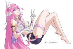 Rule 34 | 1girl, absurdres, bare shoulders, barefoot, black shorts, breasts, commentary request, crossed legs, dyadyadya, elysia (herrscher of human:ego) (honkai impact), elysia (honkai impact), gloves, hair between eyes, hair ornament, hand up, heart, heart hair ornament, highres, honkai (series), honkai impact 3rd, long hair, looking at viewer, medium breasts, parted lips, pink hair, purple eyes, short shorts, shorts, simple background, solo, twitter username, v, very long hair, white background, white gloves