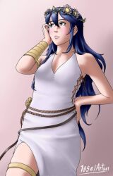 Rule 34 | 1girl, adjusting hair, armlet, armpits, artist name, bare shoulders, blue eyes, blue hair, bracelet, breasts, cleavage, clenched hands, collarbone, dress, expressionless, female focus, fingernails, fingers, fire emblem, fire emblem awakening, fire emblem heroes, flower hair ornament, flower knot, hair between eyes, hand on own cheek, hand on own face, hand on own hip, hand up, highres, intelligent systems, isseiart, jewelry, legs, light blush, lips, long dress, long hair, looking afar, lucina (fire emblem), lucina (valentine) (fire emblem), matching hair/eyes, neck, nintendo, no bra, parted bangs, rope belt, side slit, sidelocks, sleeveless, small breasts, standing, sundress, symbol in eye, thighlet, thighs, white dress